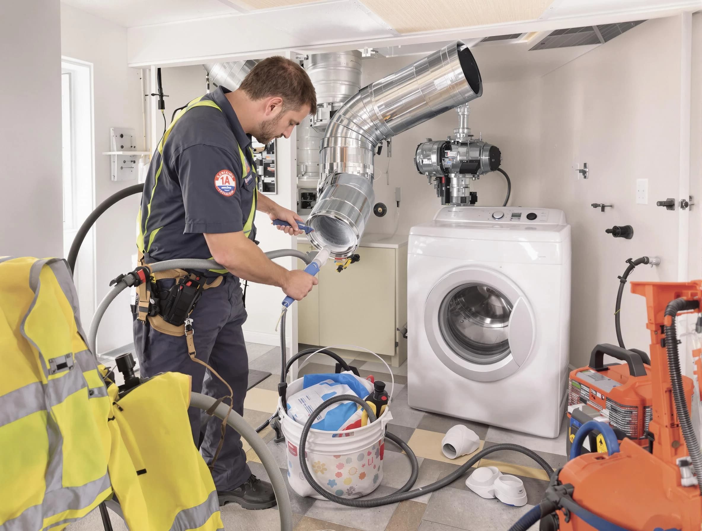 Temecula Dryer Vent Cleaning technician using specialized equipment to clear severe dryer vent blockage in Temecula